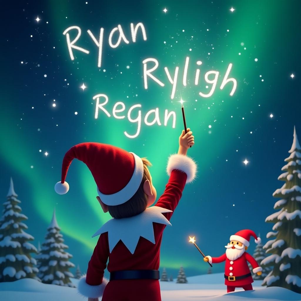 Elf with back to image facing sky. Wand writes names in air. Background features northern lights and Santa. Names are 'Ryan', 'Ryleigh', 'Regan'.