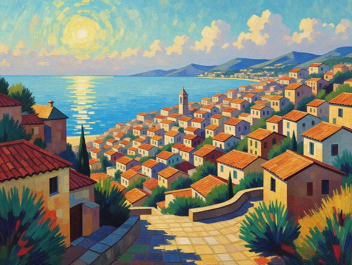 A vibrant, neo-impressionist landscape showing a sprawling view to the sea with textured, layered brushstrokes. Bright colors dominate the scene. A maze of houses rests on the hillside under a warm sun.