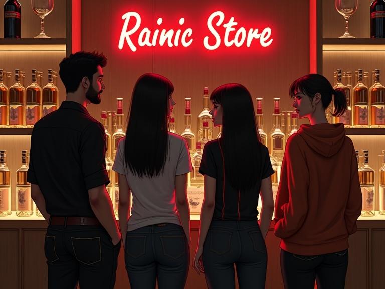 Inside of a luxurious liquor store with wooden shelves and bottles of champagne forming a pyramid. Four employees stand in front of an illuminated display. A tall black-haired man in a black shirt, a woman with long black hair and red stripes, a woman in a white hoodie and black vest and a young woman in a brick-colored oversized hoodie. A neon red sign says Rainic Store.