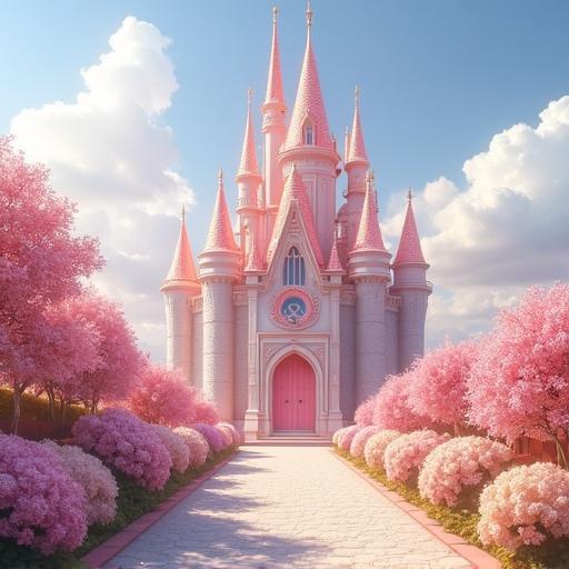 A sparkling light pink castle stands majestically. The pathway is golden leading to the entrance. Light roses and white hydrangea bushes adorn the sides. The sky is a clear light blue with fluffy white clouds.