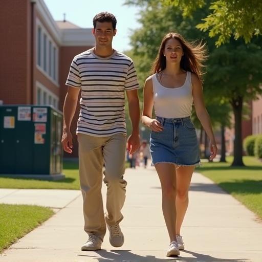 Hyper-realistic cinematic scene of two young adults walking through a sunny American high school campus. Key details include casual clothing, school environment, and a mix of nervous excitement and relaxed confidence. Background elements feature red-brick architecture, greenery, and student life.