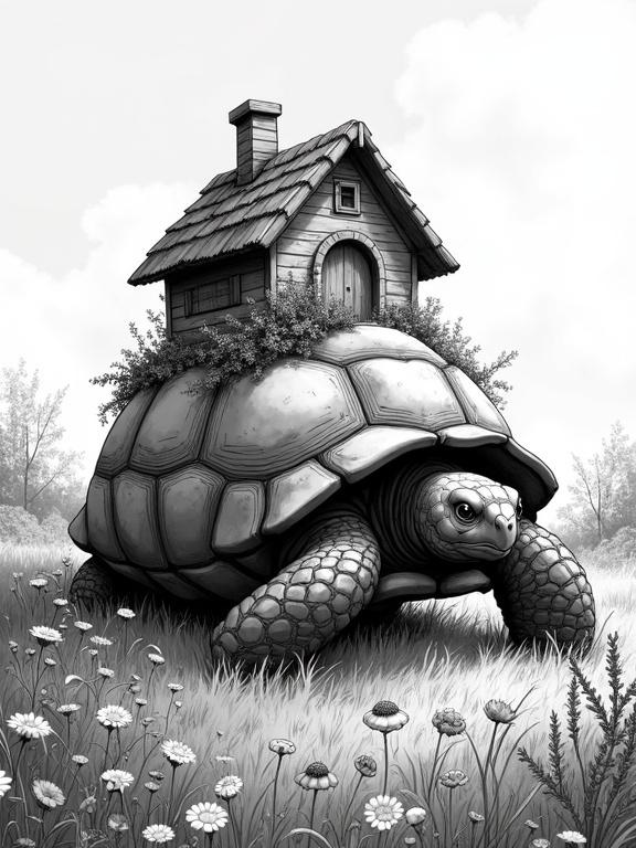 Dynamic manga illustration showcasing a giant tortoise carrying a quaint cottage in a vibrant wildflower meadow. Captivating black-and-white style features high contrast and dramatic shading. Emphasizes nature and whimsy with a touch of fantasy.