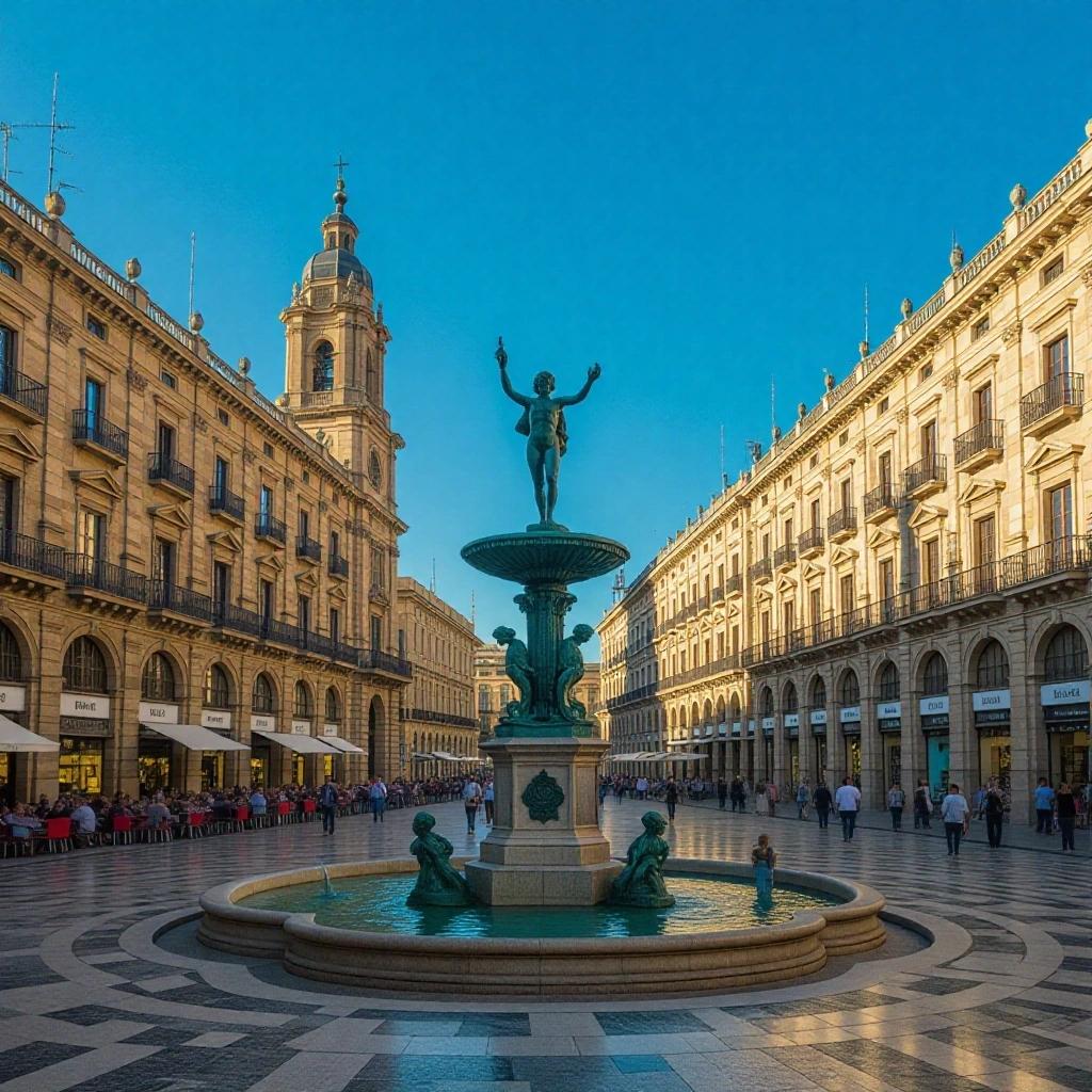 A wide view of Piazza delle Quattro Esamine in Palermo, featuring a central ornate fountain with a statue, surrounded by historic buildings and visitors.