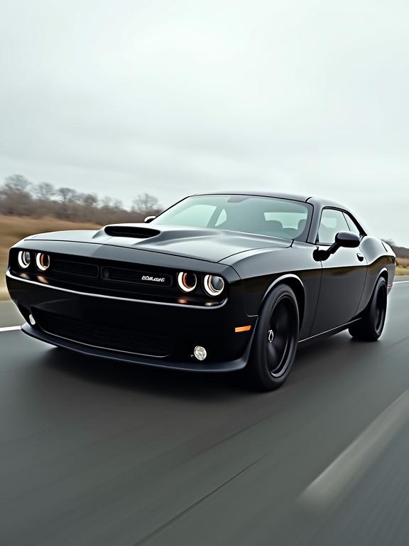 Sleek black muscle car on smooth highway. Motion captured with blurred surroundings. Overcast sky creates intense atmosphere. Polished surface reflects landscape. Distinctive front grille and aggressive stance highlighted. Dynamic lines emphasize forward motion. Natural lighting balances image.