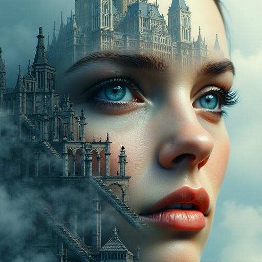 Monumental female face with striking blue eyes merged into intricate cityscape with Gothic spires and Victorian buildings. Gray stone staircases wind through the architectural elements. Small black silhouettes on steps. Image transitions from cool blue and gray at the top to warm orange below. Wispy white clouds and fog effects weave throughout. Surreal double exposure. Dramatic color gradients and shadows.