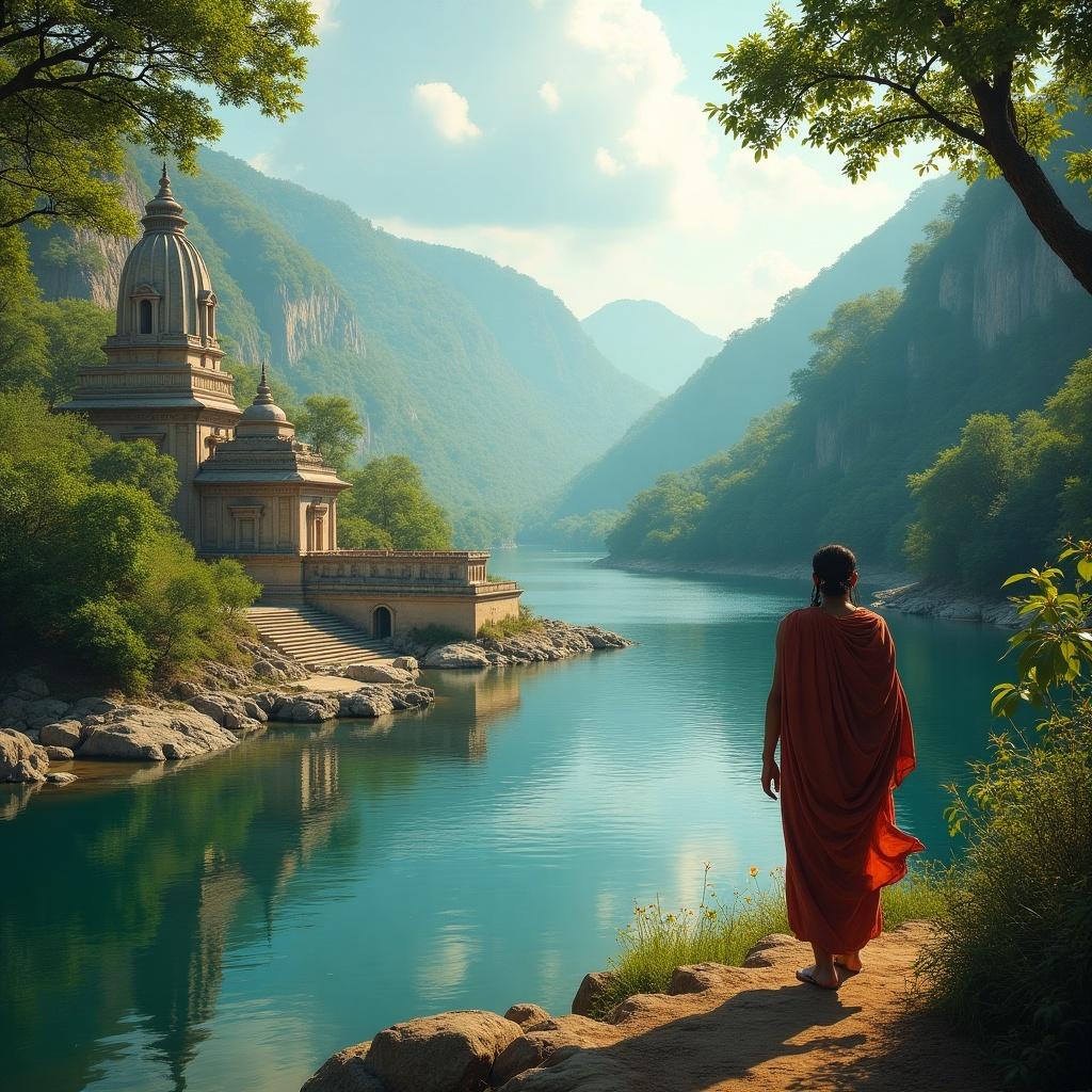 Visual representation of a tranquil river scene with a monk walking towards a temple amidst mountains. The landscape is lush and peaceful, reminiscent of scenes from the Ramayana depicting Lord Ram's exile.