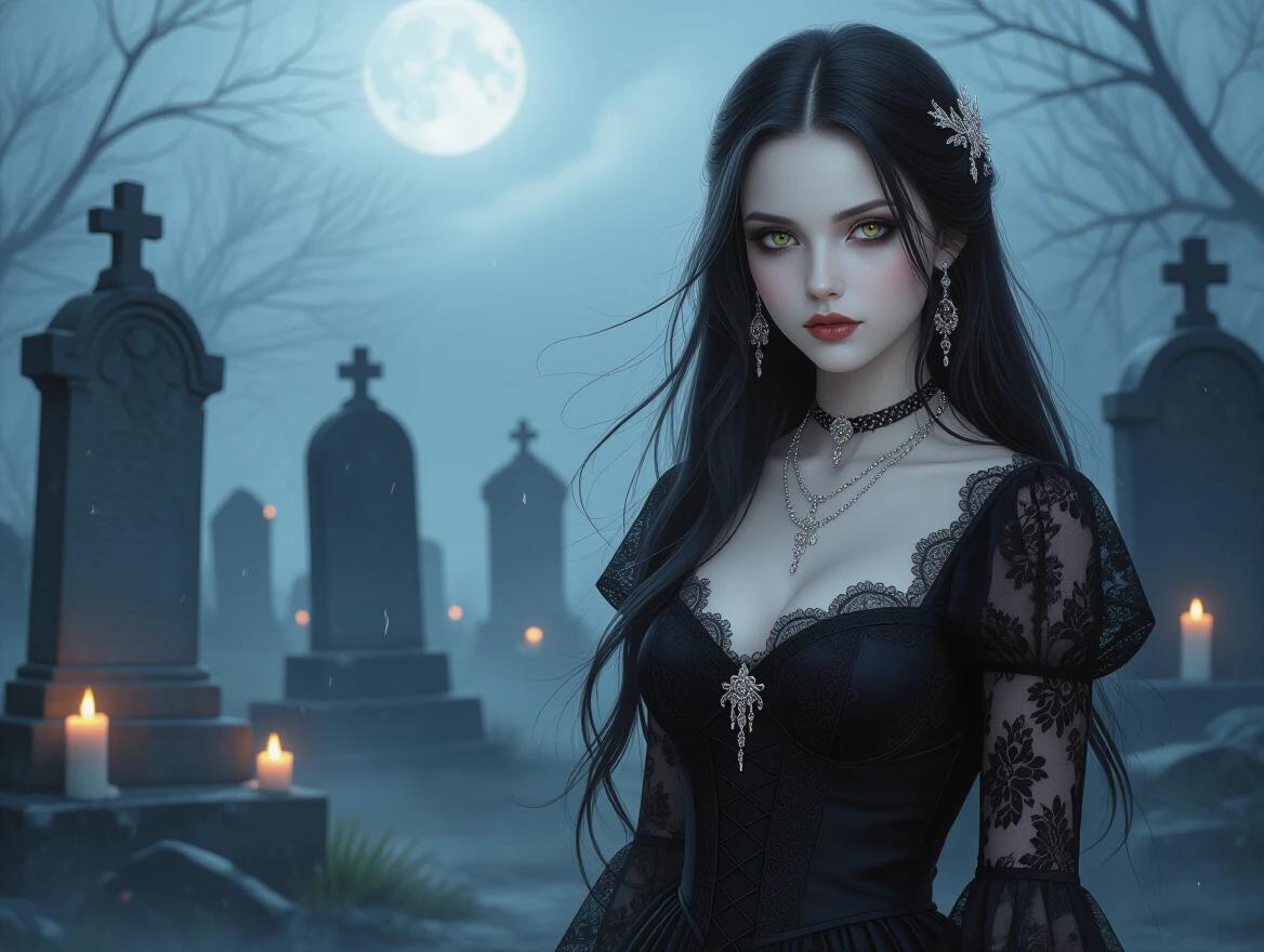 Gothic girl in a misty graveyard. She has long dark hair and pale skin. Dressed in black lace with silver jewelry. Background has tombstones and glowing candles. Dramatic moonlit lighting creates a dark fantasy feel.