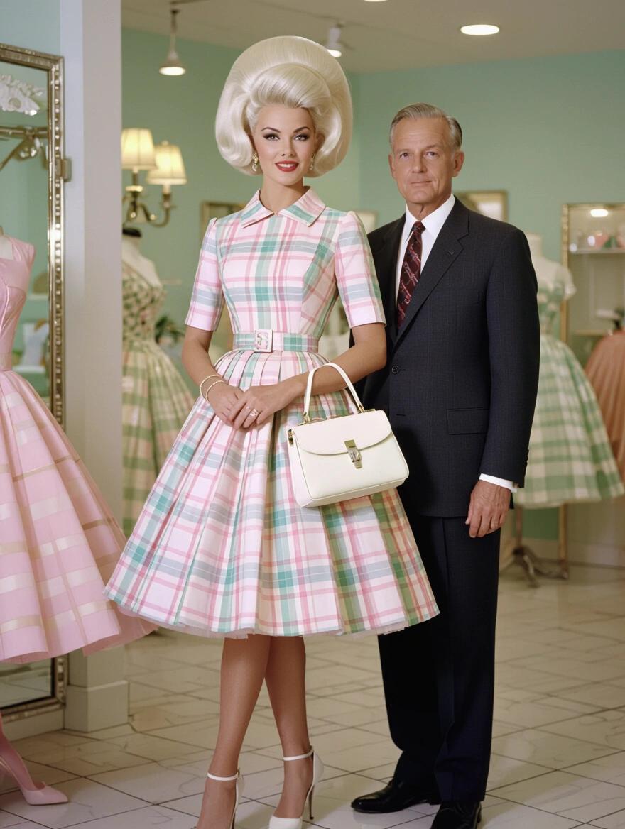 A portrait features a woman from the 1960s with platinum beehive hair. She wears a pastel plaid dress with petticoats and holds a shiny white purse. An older man stands beside her in a suit. The background shows a dress boutique with elegant decor.