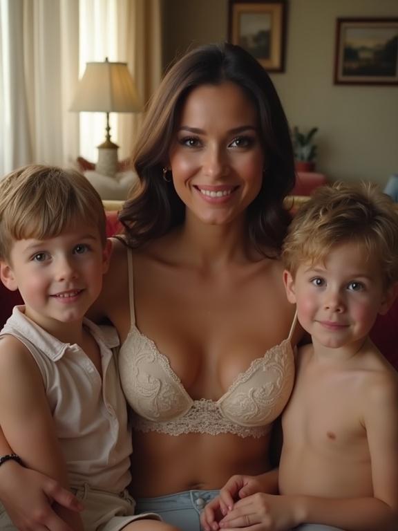 A mother and two boys sitting together in a cozy living room. Bright colors dominate the scene. A warm and inviting atmosphere is created with natural light filtering through the window. The mother wears a lace bra, showcasing her bust in a relaxed setting.
