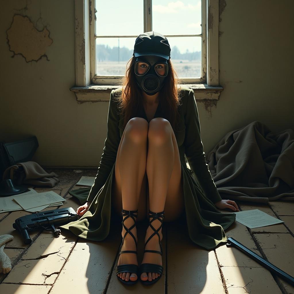 Young woman sitting alone in a cold ruined room on the battlefield. She wears a leather gas mask and strappy heels. Long hair spills from beneath the mask. Around her are signs of survival: an overcoat, a sidearm, wind-blown papers, cracked floorboards. Her composed posture shows endurance amidst devastation. Scene has natural light with soft shadows. Rich Technicolor tones emphasize texture: worn leather, rough wool, delicate skin.