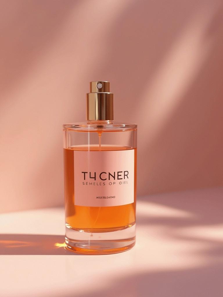 Image represents quality of a perfume. Includes a stylish glass bottle with a golden cap. The liquid inside is a warm orange shade. Background is softly colored with simple aesthetics. The brand name is displayed prominently.