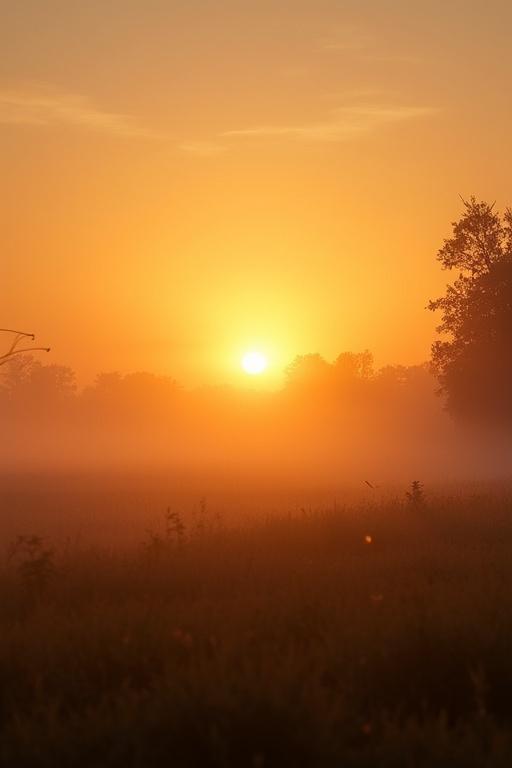 Golden hour background features sun at horizon shining warm light. Soft shadows create dreamy effect. Subtle fog and mist enhance realistic appeal. Suitable for website or presentation backgrounds.