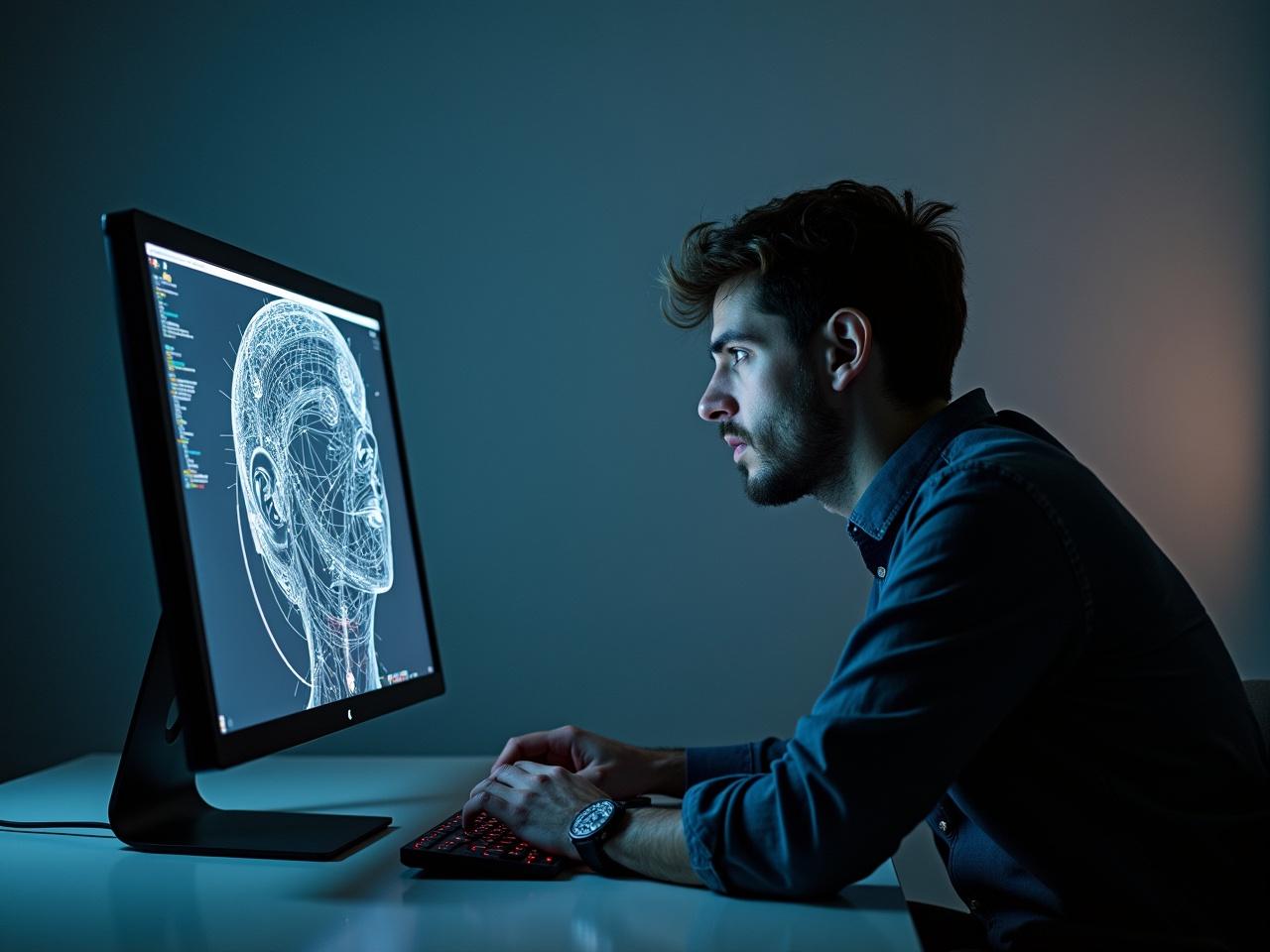 A shocked programmer sits at a desk, staring intensely at a glowing computer screen. The screen displays a detailed schematic of a human head, showcasing structures that hint at artificial intelligence technology. The room is dark, with only the light from the monitor illuminating the man's face, emphasizing his expression of concern. He appears to be contemplating the implications of AI on his career as a programmer. The scene captures a moment of realization about the future intersection of technology and human jobs, revealing the emotional tension between innovation and job security.