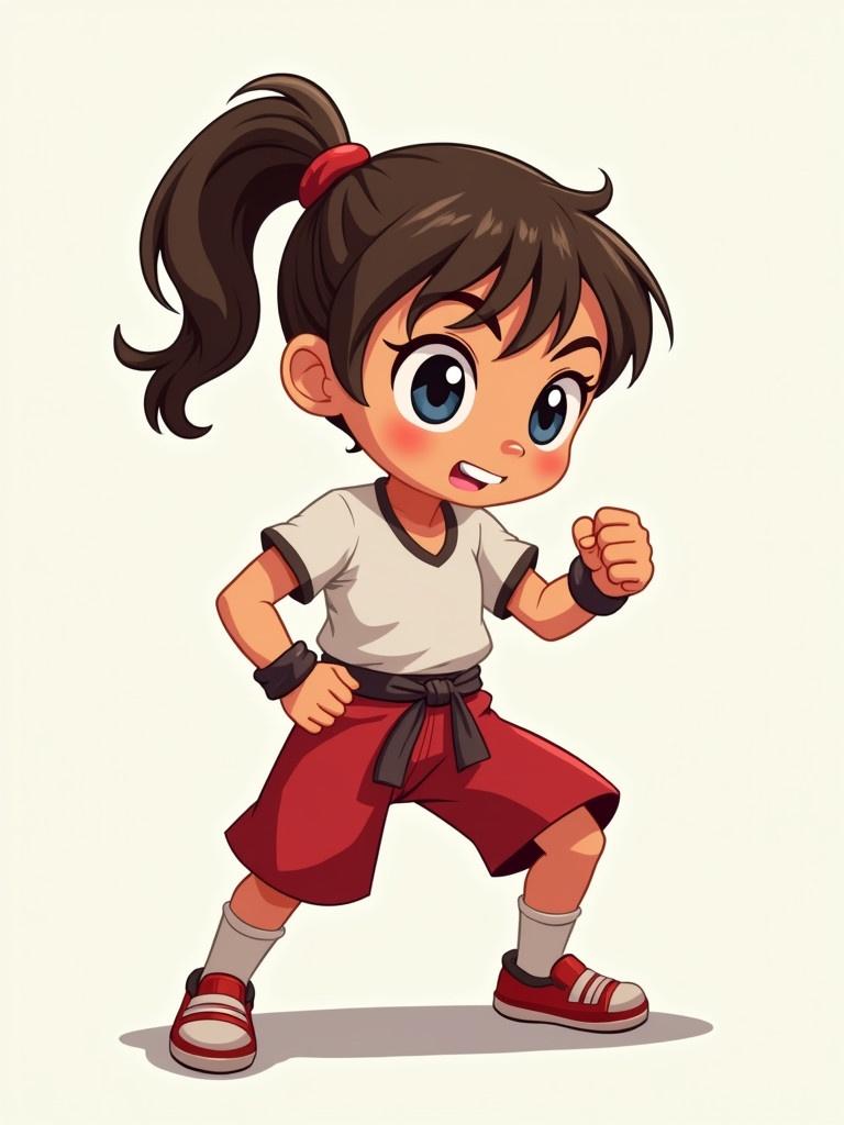 Battle little cartoon girl in a fighting stance with arms bent at the elbows. Full-length character illustration. Portraying an active and confident posture. Simple cartoon style, colorful,
 vibrant design.