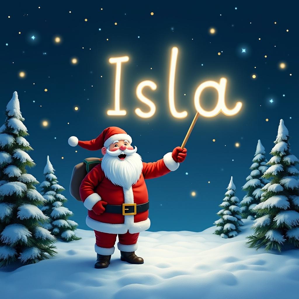 Cheerful Santa Claus in a winter wonderland. Dressed in red and white outfit. Stands on a snowy hill. Holding a wand writing name Isla in night sky. Letters illuminated with warm glow. Dark blue backdrop filled with stars. Surrounded by snow-covered pine trees. Captures joy and spirit of Christmas celebrations.