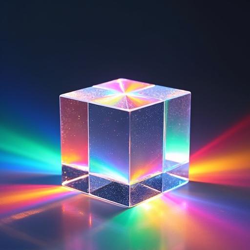 Transparent cube made of crystal placed on a surface. Light passes through the cube. Light refracts and disperses into vibrant colors. Colors radiate outward creating beams of light. Surrounding area filled with rainbow hues and dynamic beams.