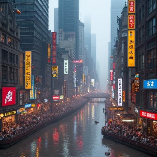 Foggy urban skyline view at night with illuminated advertisements along the river. Crowds of people gather by the riverbank. Modern tall buildings in the background. Soft lighting creates a dramatic atmosphere.