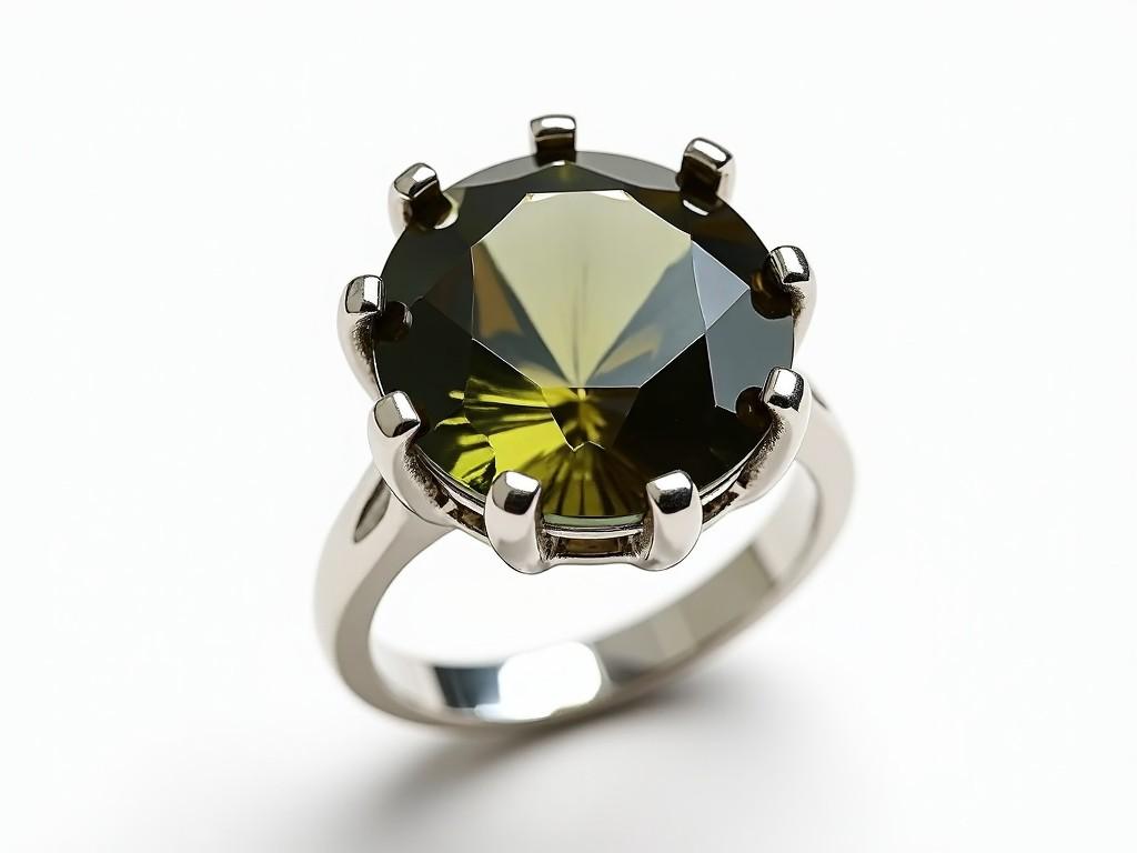 A beautiful silver ring with a large, multi-faceted gemstone sits elegantly on a white background. The gemstone exhibits a mix of colors, including green and brown tones, and is cut in a way that captures light beautifully. The ring features a claw-like design around the gemstone, giving it a striking appearance. The polished silver band adds a touch of elegance, enhancing the overall look of the ring. This piece would make a stunning accessory for any occasion.