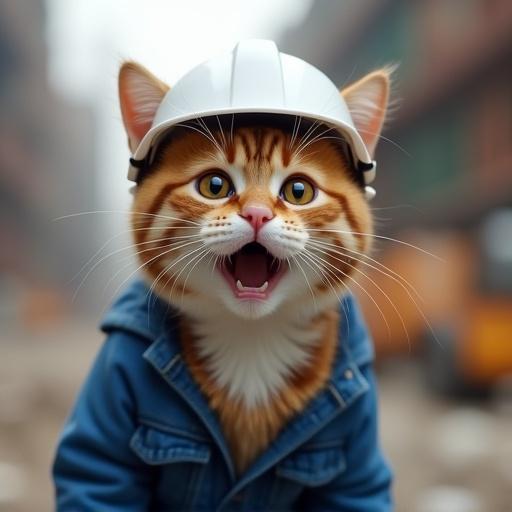 A semi-realistic cat in a white hard hat and blue jacket from a construction site showing surprise. The cat has wide eyes and an open mouth. Detailed fur. Background features a construction site.
