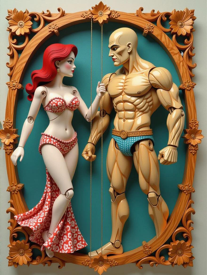 3D wooden puppet of a woman with red hair in a bikini. Beside her is a muscular male puppet with pale skin. The artwork has a storybook illustration style. Made from colored balsam wood with intricate details.