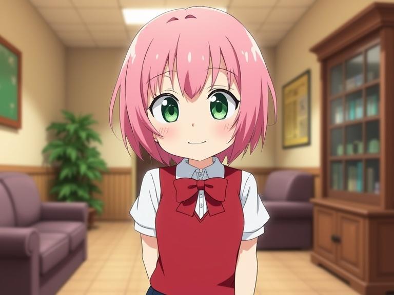 Character is Anya Forger from Spy x Family. She has short pink hair and big emerald-green eyes with star-shaped reflections. Dressed in her red school uniform consisting of a white shirt and red bow tie. Expression shows curiosity and mischief with a smug smile. Background resembles a warm-toned school hallway or a cozy living room. Art style is bright and clean anime with soft shading.