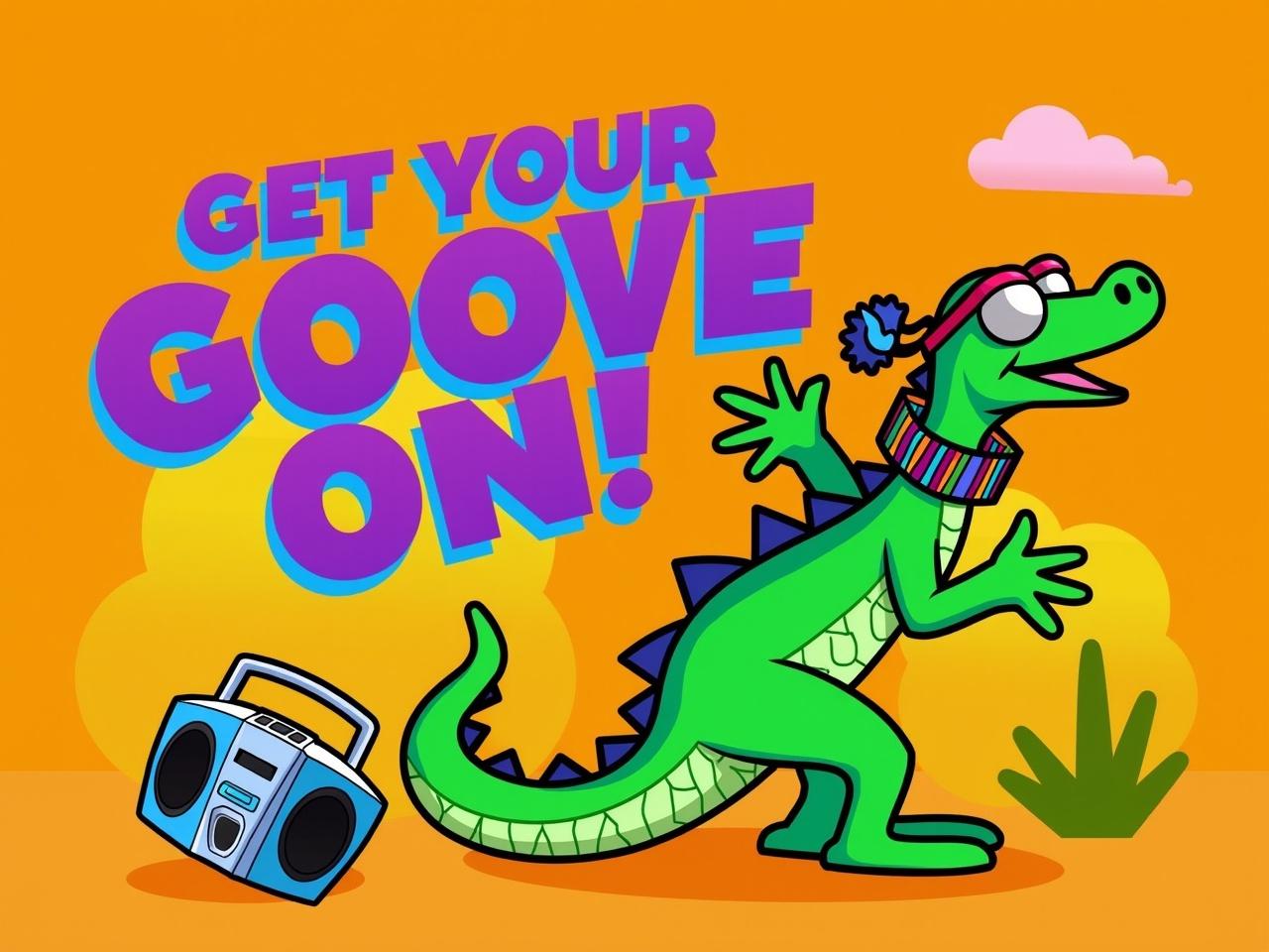 The image features a cartoon-like lizard or dragon character. This character is wearing sunglasses and a colorful headband. It is holding a boombox in one hand and performing a lively pose, suggesting that it is ready to dance. The background is bright orange with colorful elements like green plants and clouds. The text 'GET YOUR GROOVE ON!' is prominently displayed in vibrant purple and blue letters, adding to the energetic vibe of the scene.