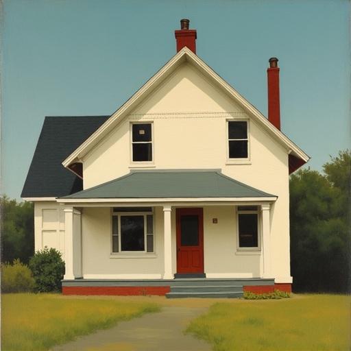 A painting depicting a house with a red door and green surroundings. The architecture is white with a sloped roof and has two chimneys. Soft lighting highlights the structure.