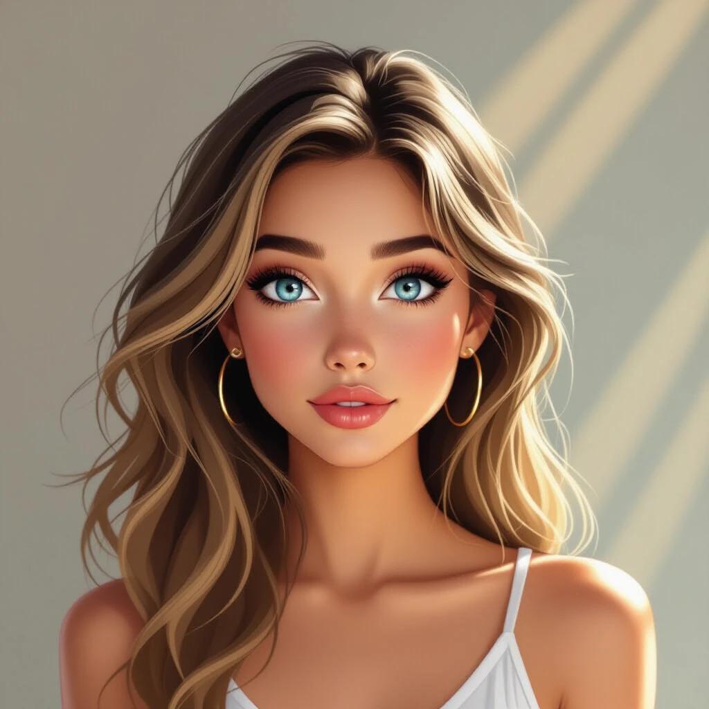 Attractive young woman with full-length blue eyes and long hair. Styled in animated gifs. Light white and light amber tones. Jagged edges creating an instant aesthetic. Timeless beauty is depicted in the image with sunlight beams highlighting the subject.