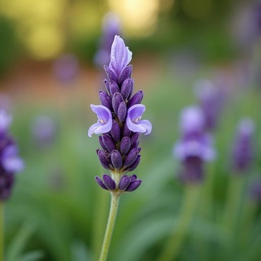 Close-up photograph of lavender flower head in a garden. Flower has purple tubular florets and white-lavender petals. Soft blurred garden background with green foliage and warm earth tones. Focus on details of flower with shallow depth of field.