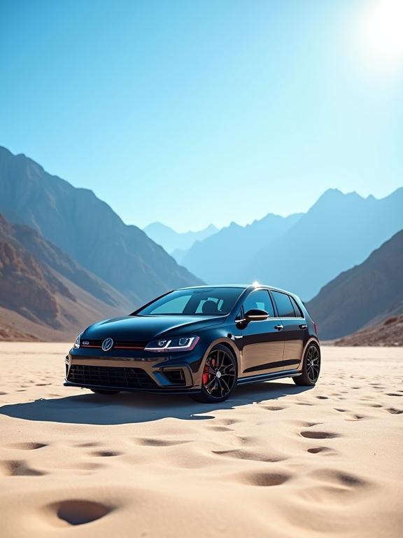 Volkswagen Golf R in the foreground on sandy surface. Mountains in the background under clear blue sky. Soft sunlight highlights car's design. Focus on sleek lines and sporty stance. Shallow depth of field blurs background to emphasize car.