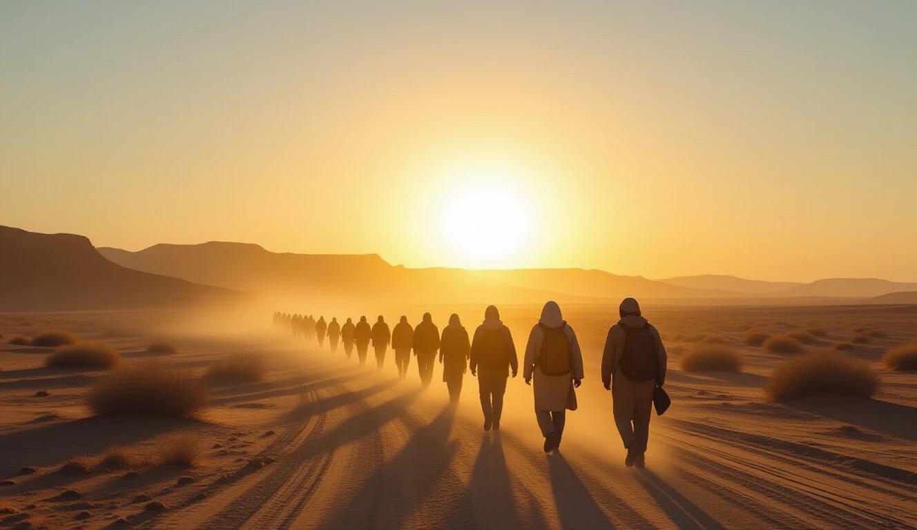 Silhouetted figures representing Hebrews walk toward the desert. Morning sun casts a warm glow. Long line of people fades into the horizon. Dusty yellow tones create atmosphere. Evokes sense of new beginnings. Vertical orientation.