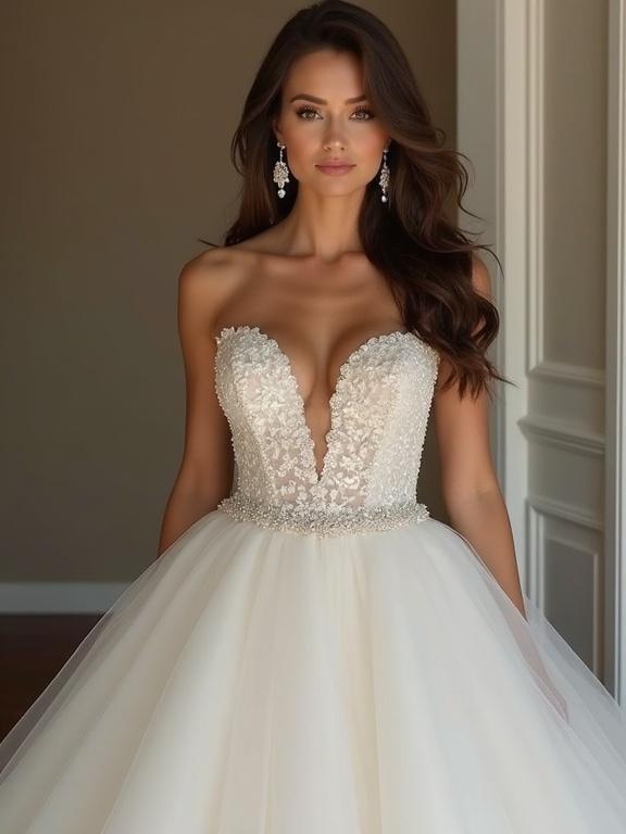 A beautiful bride is wearing a sophisticated wedding dress with a plunging neckline. The dress features intricate details and a fluffy skirt. The setting is elegant with a warm color tone.