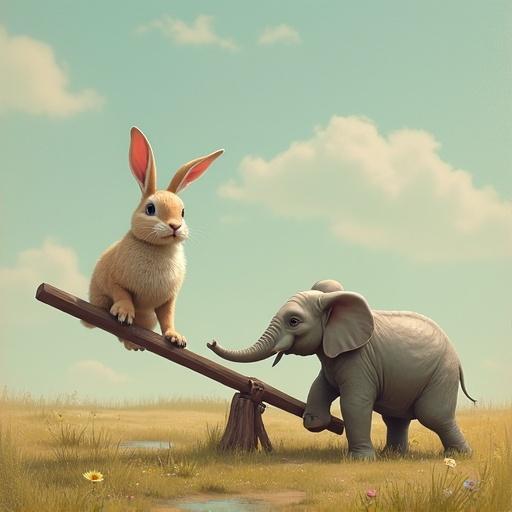 A rabbit sits on one end of a seesaw while an elephant plays on the other side. The scene is a serene landscape with a clear blue sky and gentle grasslands. The rabbit looks curiously at the elephant. The elephant is playfully lifting its trunk.