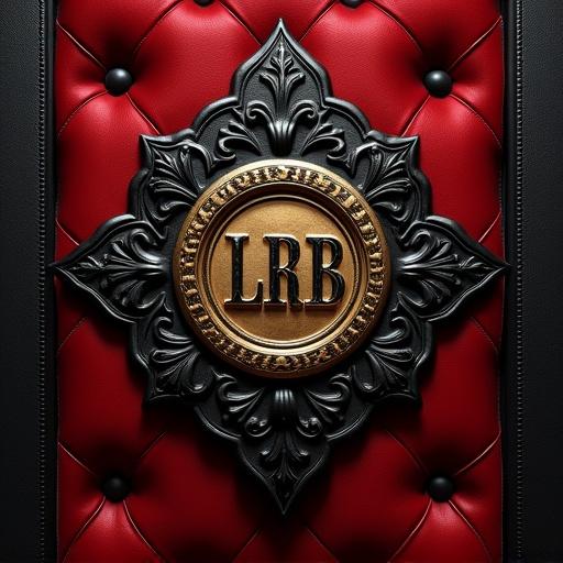 Close-up of luxury throne backrest. Ornamental pattern with black padded leather. Reveals vibrant red velvet. Polished gold seal in center with letters 'LRB'. Dramatic lighting emphasizes depth and textures. Style is photorealistic and luxurious. Aspect ratio 1:1.