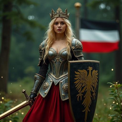 Beautiful young woman with golden hair wears pearl-white armor and a deep red skirt. She carries a golden sword in one hand and a tower shield with an eagle crest in the other. Nighttime forest setting with fireflies around her. A flag with black, white, and red stripes is in the background.