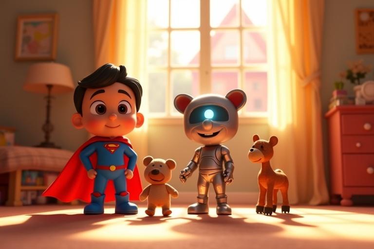 A 4K ultra-HD 3D animated scene showing a vibrant children's bedroom. The room is illuminated by sunlight. Sparky wears a red cape and a blue suit. Zumo has a metallic outfit and glowing eyes. They are accompanied by a teddy bear a wooden horse and a puzzle car. The background features a red-roofed house.