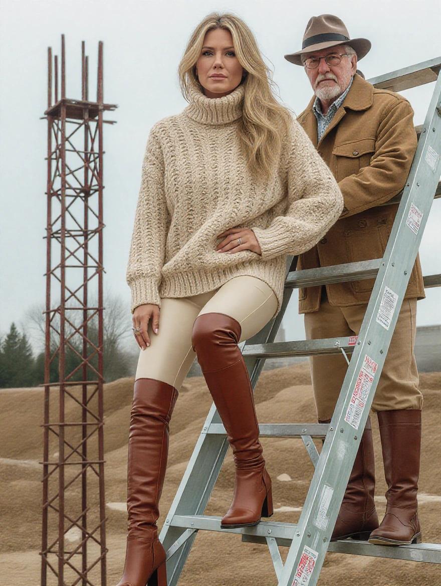 Photo realistic image of a model with features similar to a well-known actress. Model is wearing cream leather leggings and brown over-the-knee boots. She has a cashmere jumper styled with a French tuck. Image shows full height of the model climbing a ladder in a construction site. An older gentleman stands behind her, hands on her hips.