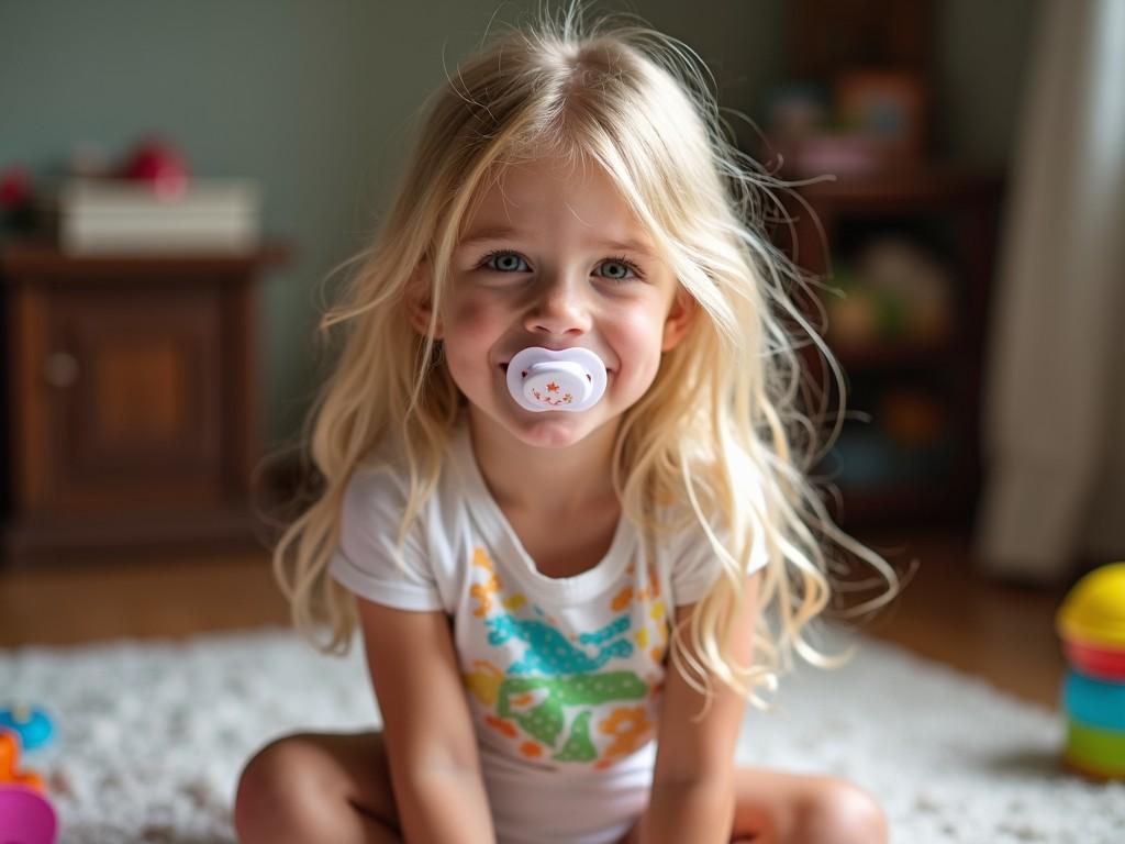 A young child with long blonde hair sitting on the floor in a cozy room, holding a pacifier in her mouth, looking directly at the camera with a soft expression. The room has a warm atmosphere with soft lighting, toys scattered around.