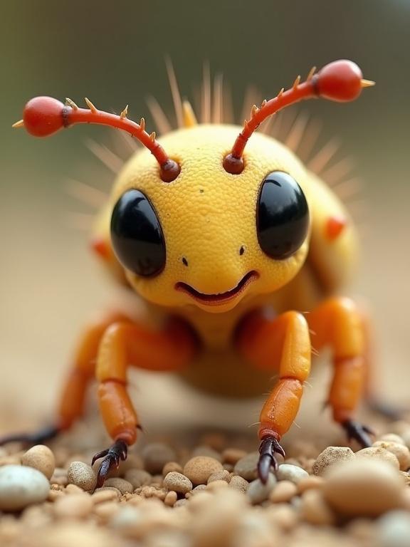 Highly detailed macro rendering of an adorable surreal insect. The creature is fantasy-inspired, featuring a pale yellow body with golden undertones and tiny bumps. Large black eyes and a subtle smile create a friendly expression. It has segmented, reddish-brown antennae and orange-tan mandibles. The six legs are articulated with delicate claws. The insect sits on a grainy surface, with a blurred teal-to-blue background focusing attention on it.