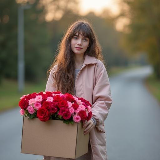 A girl with long hair and blue eyes holds a box of red and pink roses while walking on a road. Soft light creates a warm atmosphere.