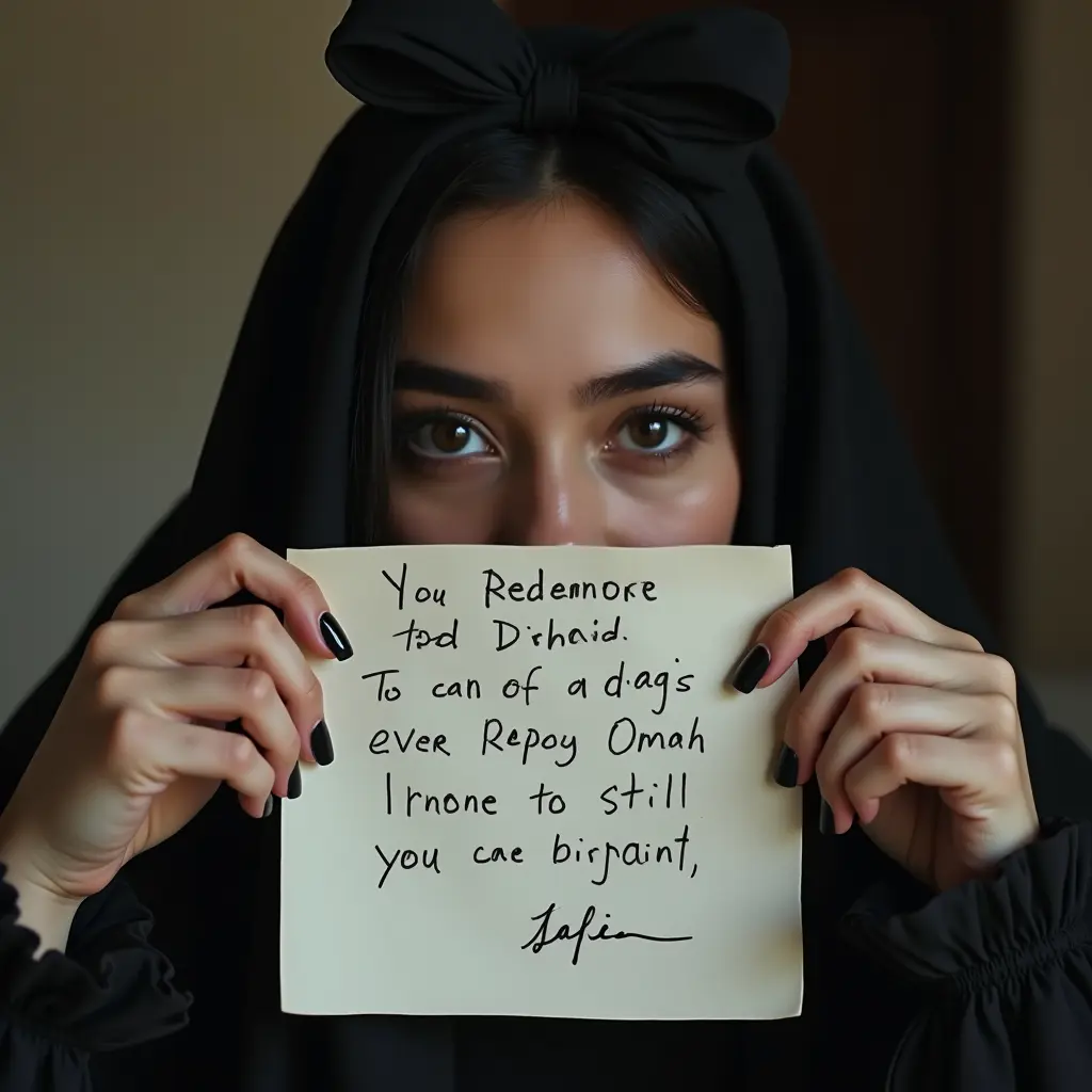 The image features a woman wearing a black headscarf adorned with a large bow on top, which elegantly frames her face. Her luminous eyes gaze directly at the viewer with an enigmatic expression. She holds a handwritten note in front of her lower face, covering her mouth. The note contains a series of jumbled words that appear to be a cipher or code, adding an intriguing element to the composition. The woman's eyebrows and eye makeup are strikingly well-defined, enhancing the captivating nature of her eyes. Her polished black nails complement the overall dark theme of her attire.