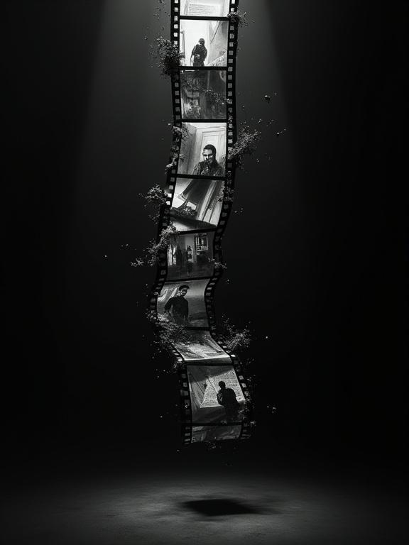 An abstract cubist film strip hovers in a dark void. Each frame is unevenly spaced and partially disintegrating. Fragments reveal a distorted and melancholic reality. Celluloid twists midair with fraying edges. Frames warp like melting glass. Stark contrast and minimal color create an empty feeling.