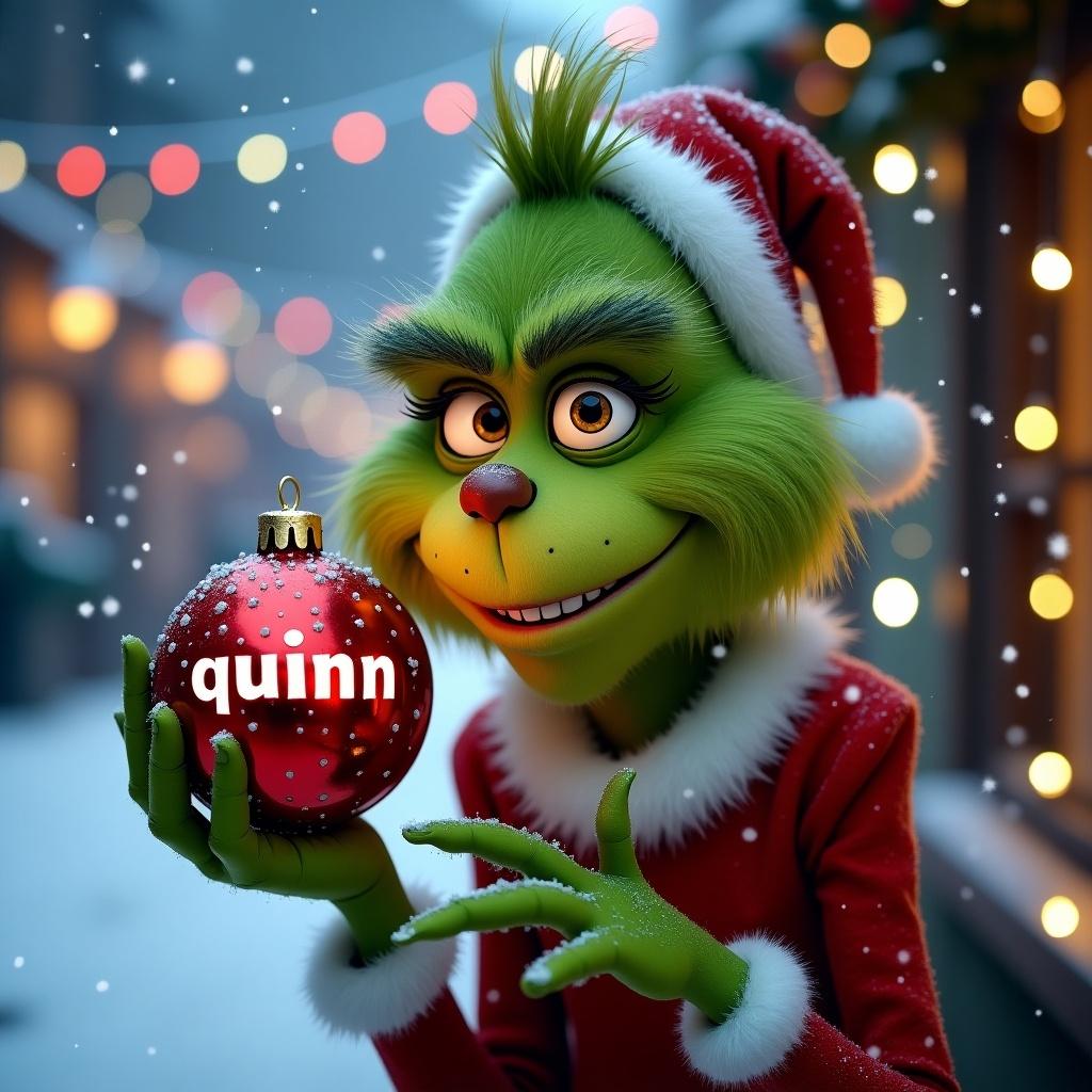 Grinch character stands in snow. Grinch holds a Christmas bauble. Background displays colorful Christmas lights. Character is festive and cheerful.