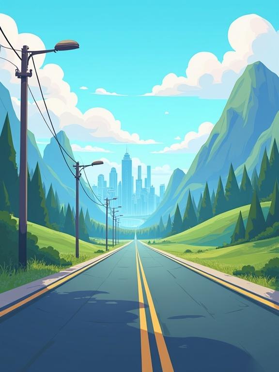 Cartoon-style background featuring a wide road leading towards a city skyline. Lush green mountains surround the scene. Bright colors and clear blue sky enhance the atmosphere.
