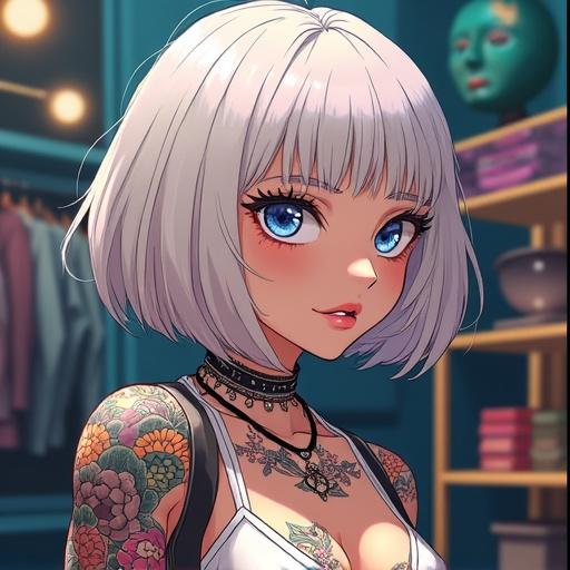 Anime woman in a luxurious punk rock clothing boutique. She has frosted blue eyes and an oversized light blonde bob hairstyle. The character wears modern edgy streetwear with colorful Japanese tattoos. She is muscular with a double belly button ring. Morning setting in Miami.