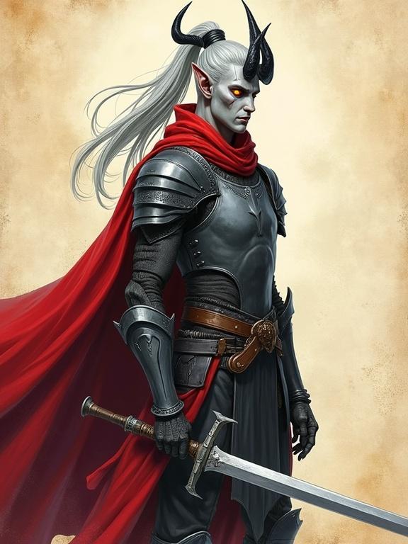 Tall haunted muscular male tiefling paladin with ash-gray skin and glowing amber eyes. Long silver hair tied back, black curved horns on head. Two scars on sharp cheekbones. Matte plate armor with infernal etchings, flowing crimson cloak. Duelist stance with a longsword in hand. Colored pencil and marker illustration with visible textures and pencil lines. Soft cel shading and storybook rendering with dry brush details, parchment background.
