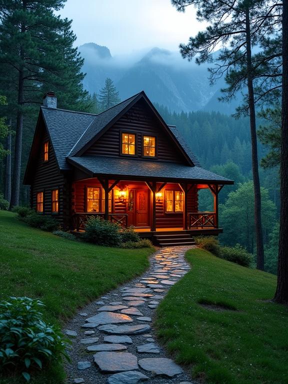 A two-story cabin is set in a lush green forest at the base of misty mountains. The cabin is warmly lit from within. A stone pathway leads to the cozy wooden porch. The scene evokes a fairytale-like retreat amidst nature's serenity during evening twilight.
