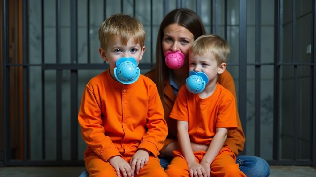 Mother and son sit together. They wear matching orange jail jumpsuits. Large pacifiers in their mouths. Lighting is soft and creates a warm feel. The mother pretends to be sad while they are both smiling. The scene is playful and humorous.