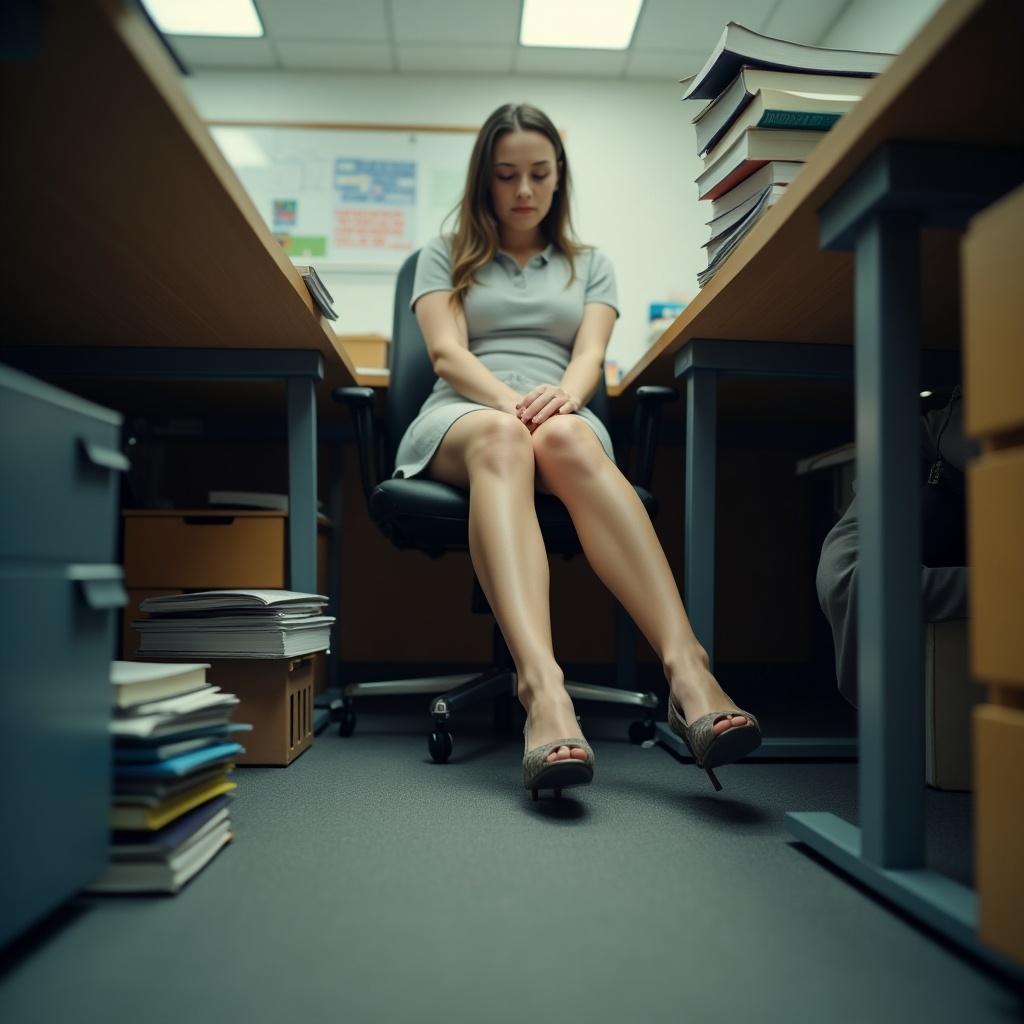 This image features a low-angle shot taken from under a table in an office setting. A female colleague is seated with her legs crossed, showcasing a professional appearance. In contrast, a shrunken man appears to be looking up at her with an expression of fear. The surrounding environment includes stacks of books and office supplies, revealing a busy workspace. The lighting is soft and enhances the detailed elements within the office.