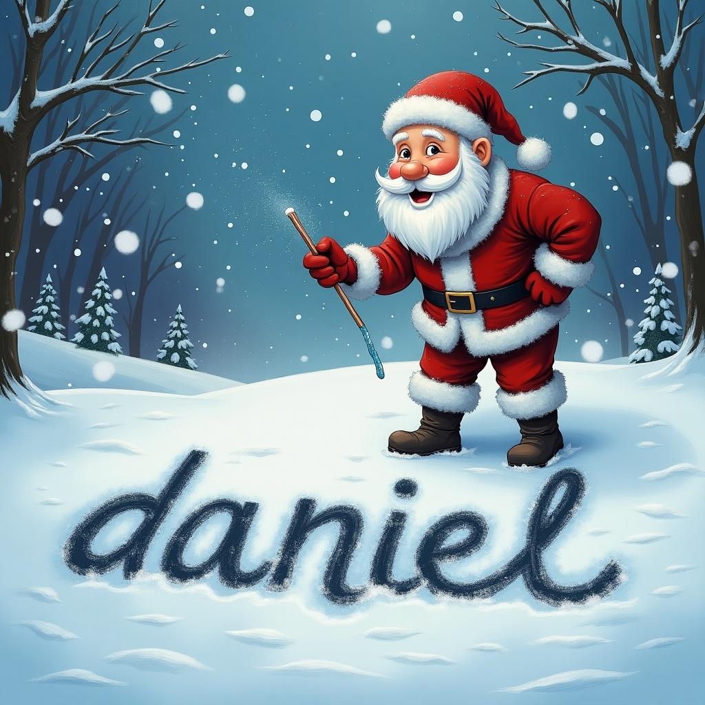 In a serene winter landscape, Santa Claus joyfully draws the name 'daniel' in freshly fallen snow. He is wearing his traditional red suit with white trims and a cheerful smile. The snowflakes are gently falling around him, adding a magical touch to the scene. In the background, evergreen trees add to the wintery atmosphere. This whimsical portrayal captures the essence of Christmas spirit and the joy of personal connections during the holidays.